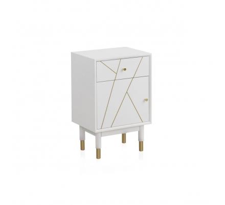 MESITA 1 CAJON + 1 PUERTA LACADA EN BLANCO CON FRONTIS DECORADO MODELO VEGA 45X35X70