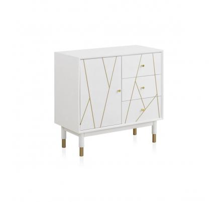 COMODA 3 CAJONES 1PUERTA LACADA EN BLANCO CON FRONTIS DECORADO EN ORO MODELO VEGA 80x40x80